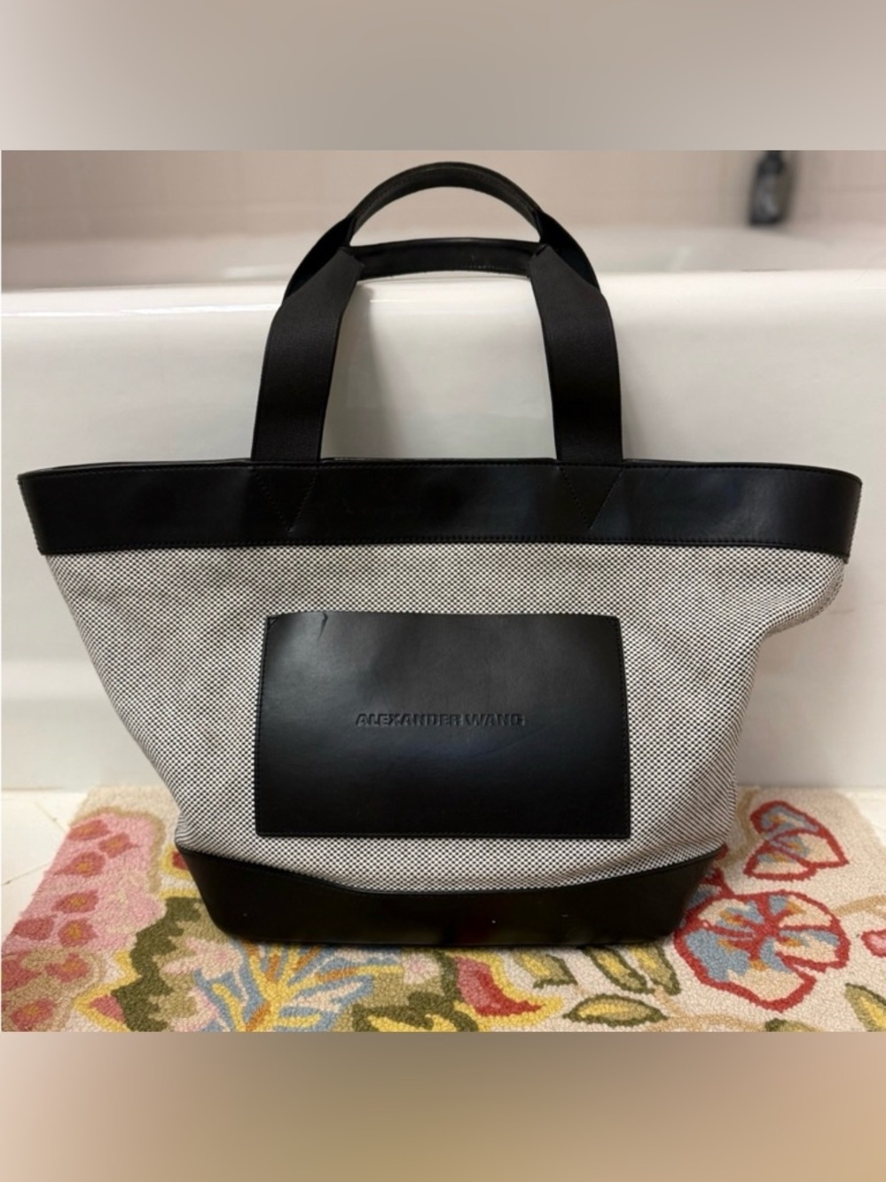 ALEXANDER WANG Canvas & Leather Paneled Black & White Checkered Large Tote Bag‎